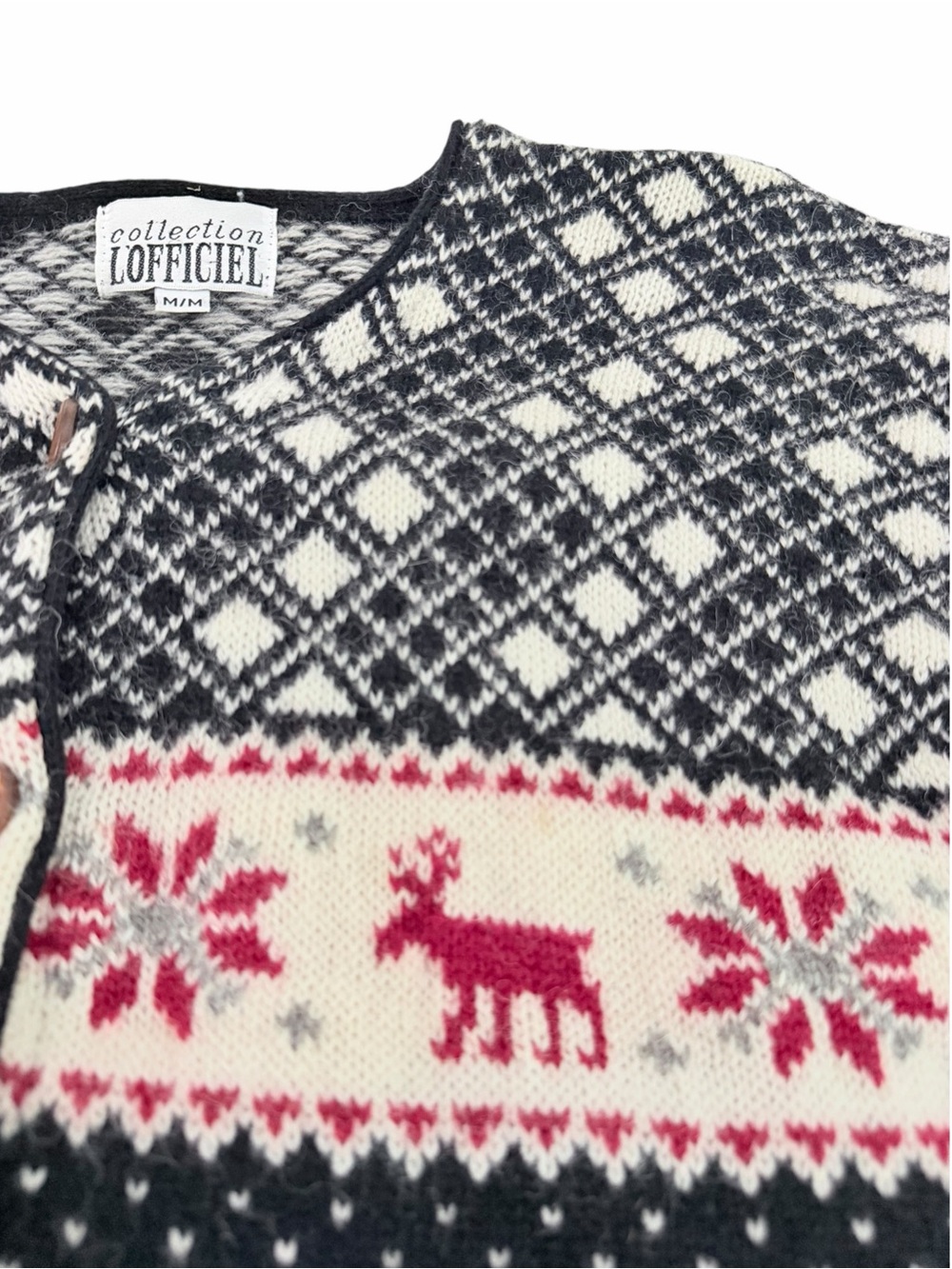 L'OFFICIEL Black Red Nordic Fair Isle 100% Wool Cardigan Vintage size M - Picture 6 of 11